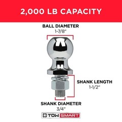 Class 1 Trailer Hitch Ball 2,000 lb 1-7/8″ Chrome 3/4″ Shank Diameter, 1-1/2 In.