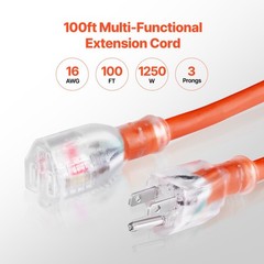 100FT Indoor Outdoor Extension Cord, 16AWG 10Amps 1250W, 3 Prongs Appliance Elec