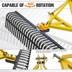 60″ Heavy-Duty Landscape Rake for Tractors, 3 Point Rock Rake with 360° Rotation