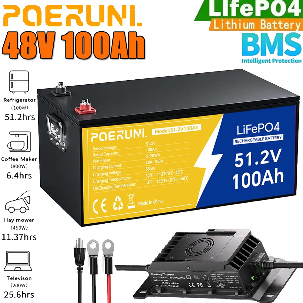 NEW 100Ah 48V LiFePO4 Lithium Battery 5120Wh W/ 58.4V 20A Charger For Golf Cart