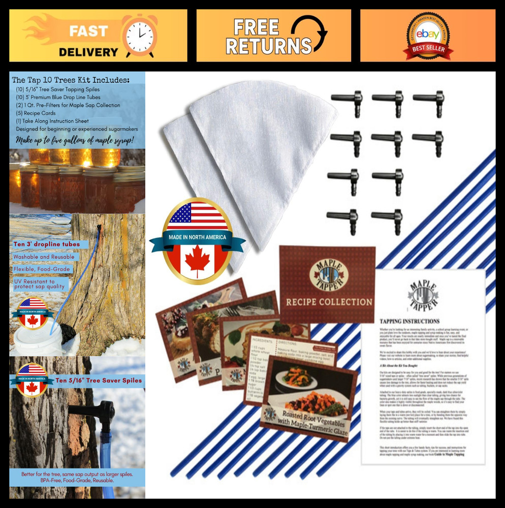 Maple Syrup Tapping Kit – 10 Spiles, 10 Tubes, 2 Filters, BPA Free, Instructions