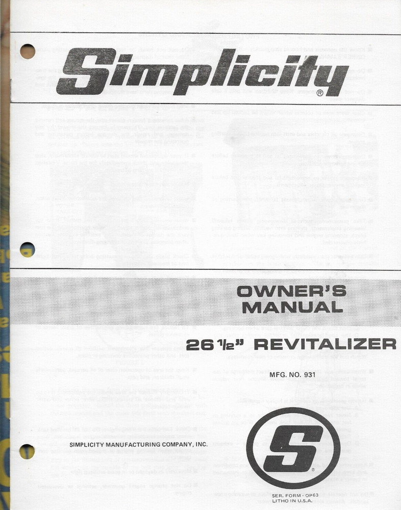 SIMPLICITY 26 1/2″ REVITALIZER Mfg. No. 931 Form OP63 Owner’s Manual