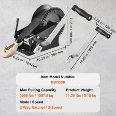 Hand Winch, 3500 lbs Pulling Capacity, Boat Trailer Winch Heavy Duty Rope Crank