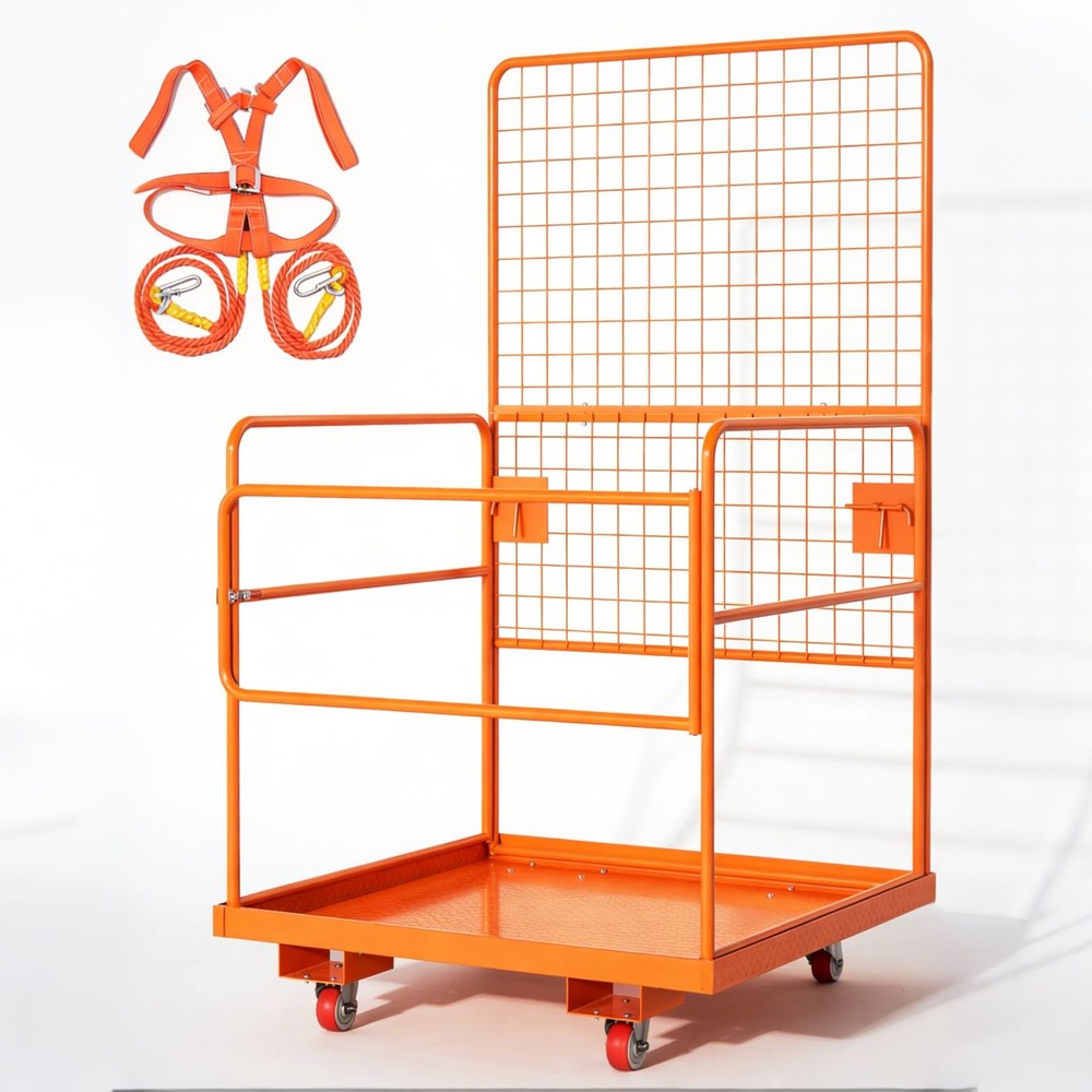 45 x 43 in Forklift Cage, Max. 2200 LBS Forklift Man Basket with Harness & Wheel