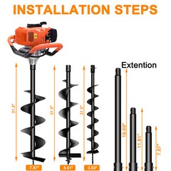 72CC Gas Powered Earth Auger with 3 Bits (4″, 6″, 8″) & 3 Extension Rods