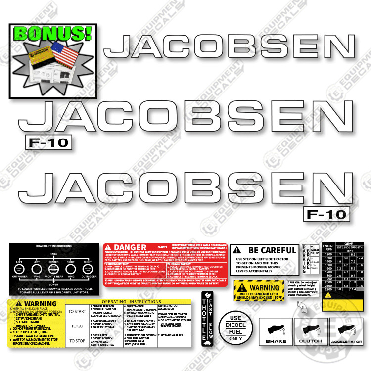 Fits JacobsenF-10 Decal Kit Fairway Mower – 7 YEAR OUTDOOR 3M VINYL!