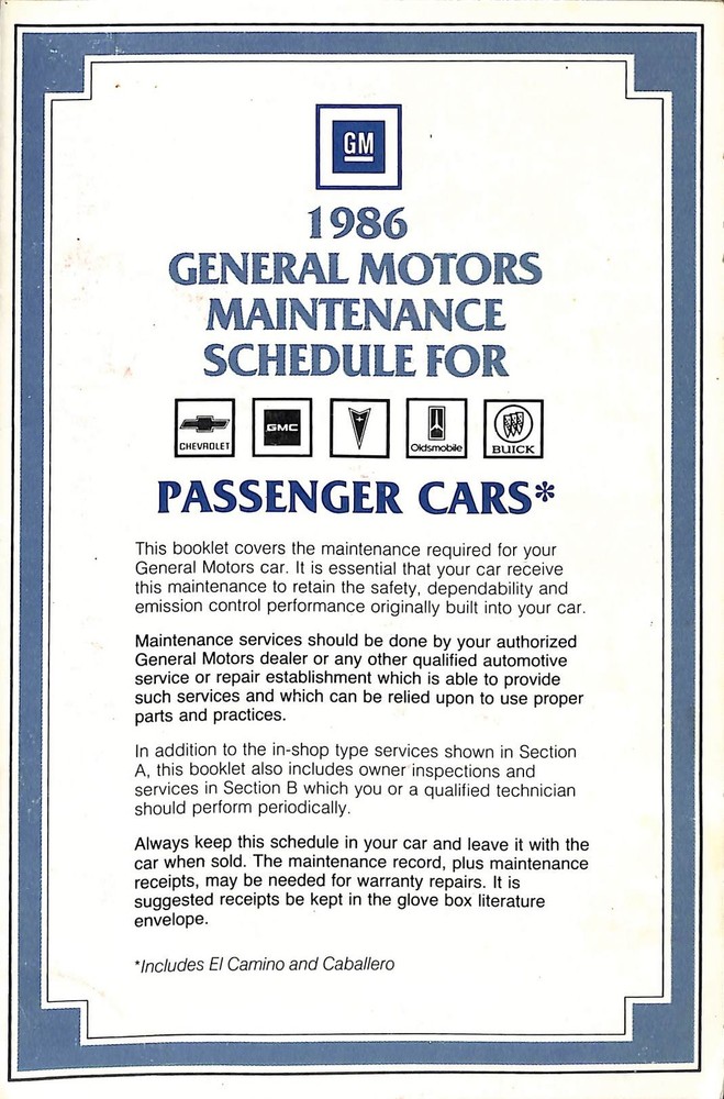 1986 General Motors Maintenance Schedule Manual for Chevrolet GMC Pontiac Oldsmo