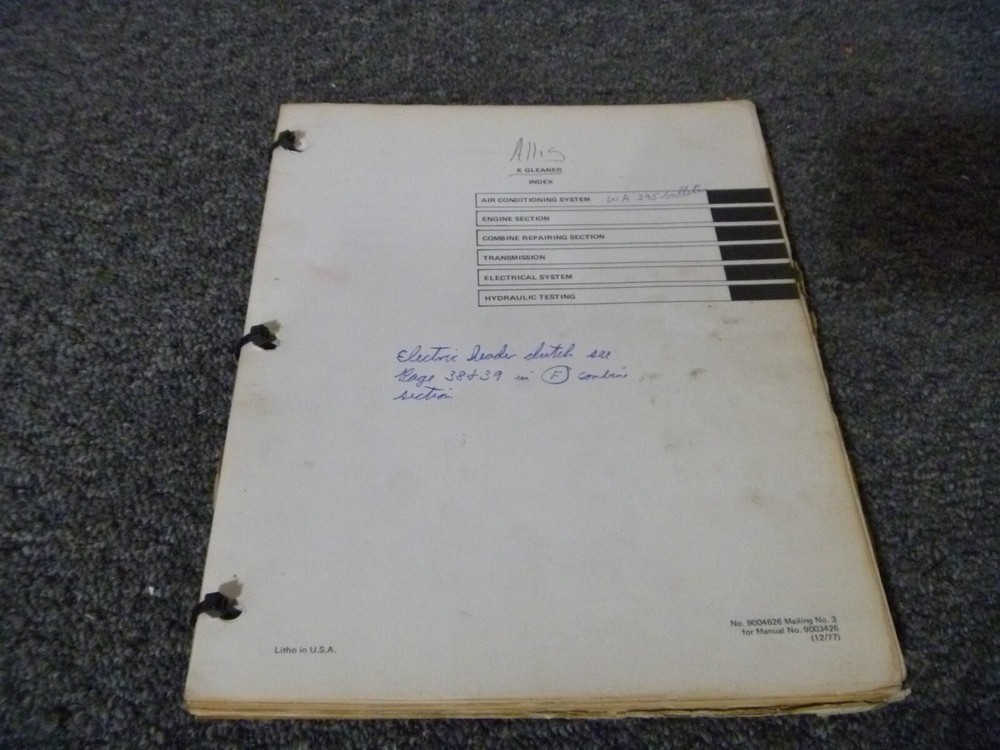 Allis-Chalmers Gleaner Model K Combine Shop Service Repair Manual PN 9003426