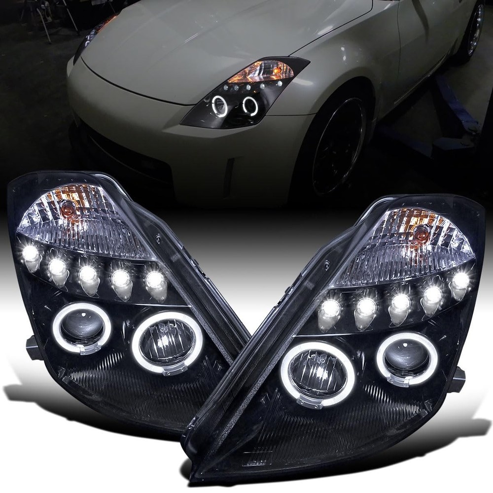 2003-2005 Nissan 350Z LED Dual Halo Halogen Projector Headlights Black Smoke