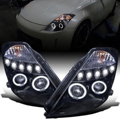 2003-2005 Nissan 350Z LED Dual Halo Halogen Projector Headlights Black Smoke
