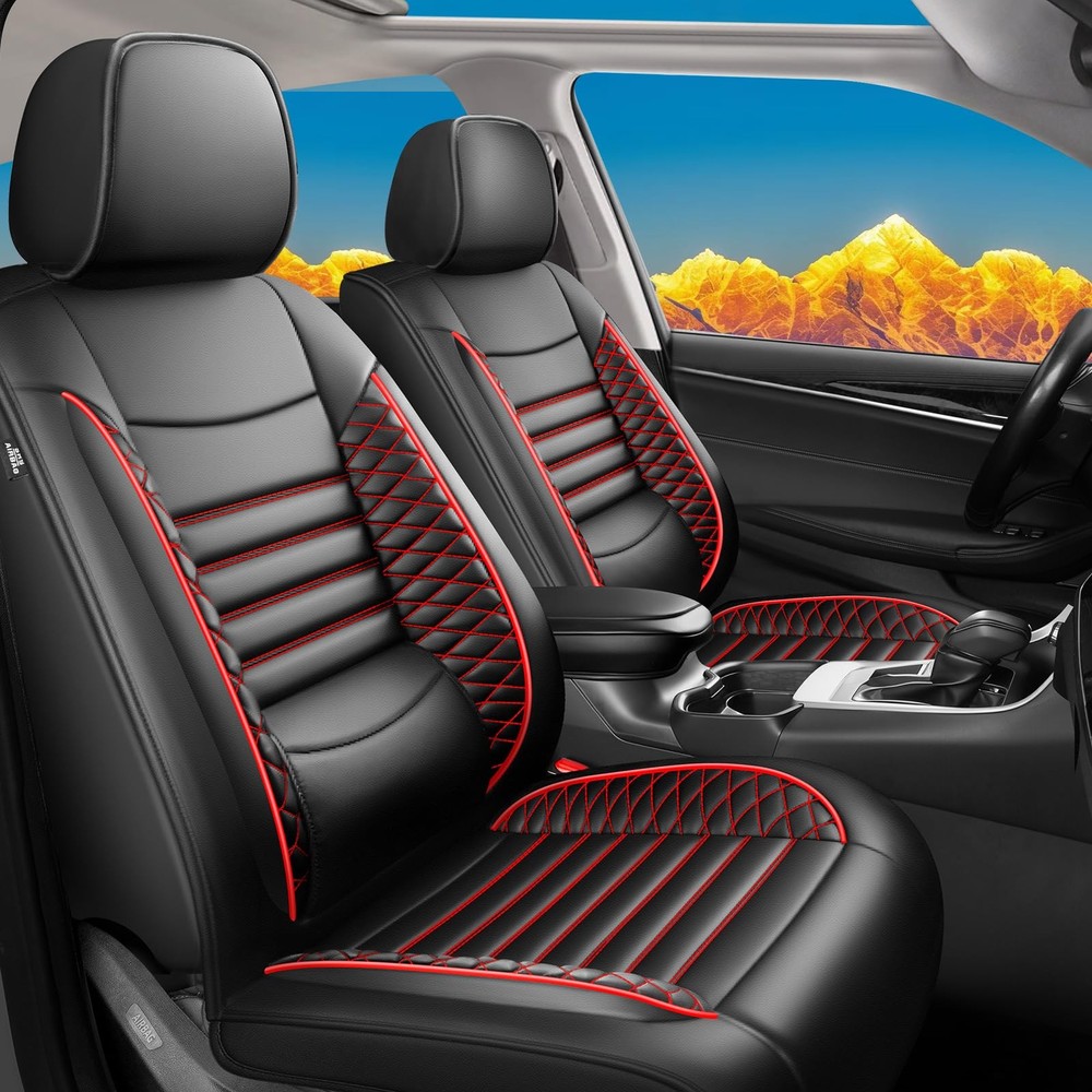 Hyundai Elantra 2017-2026 Car Seat Covers Waterproof Leather Airbag Black+Red 2P