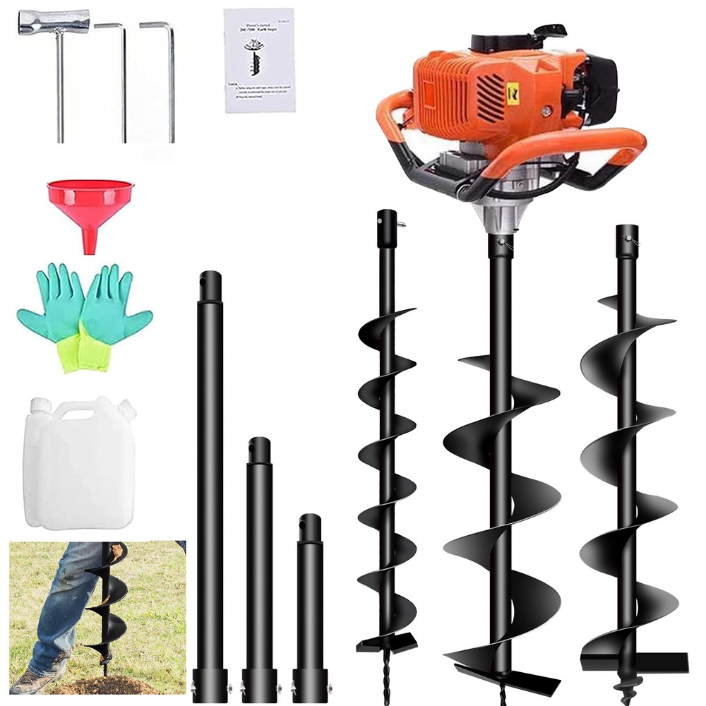72CC Gas Powered Earth Auger with 3 Bits (4″, 6″, 8″) & 3 Extension Rods