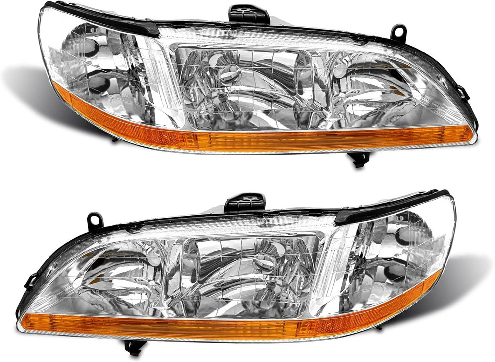 1998-2002 Honda Accord Headlight Assembly Pair Chrome Amber Reflector Clear Lens
