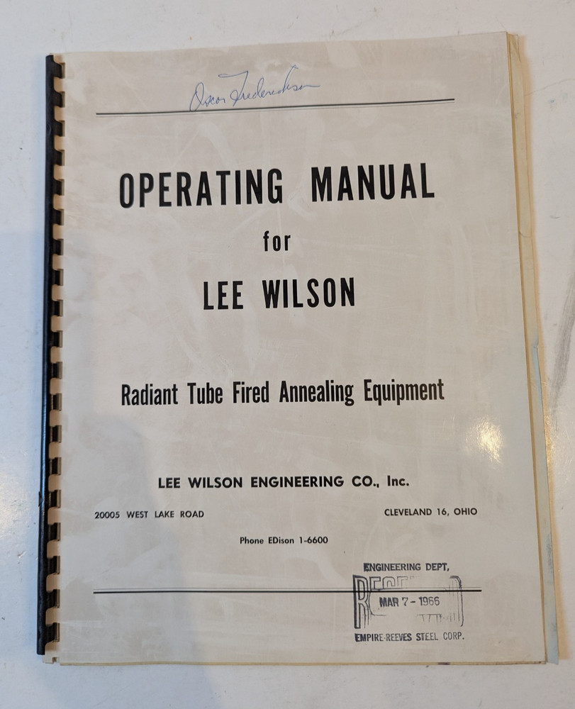 Vintage Operating Manual for Lee Wilson Radiant Tube Fire Annealing Equipment