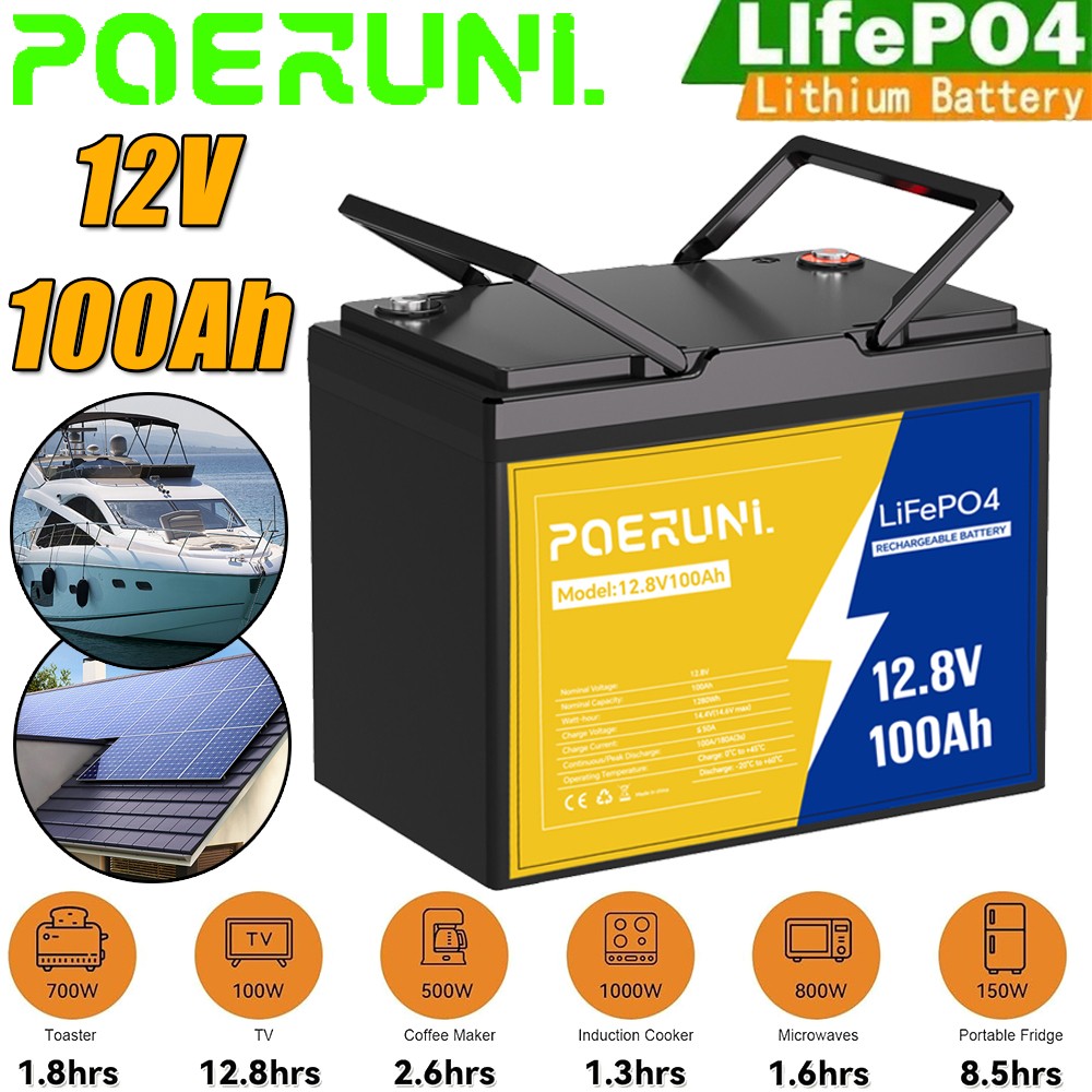 12V 100Ah LiFePO4 Lithium Battery Built-in BMS Cycle Deep for Solar RV Off-grid