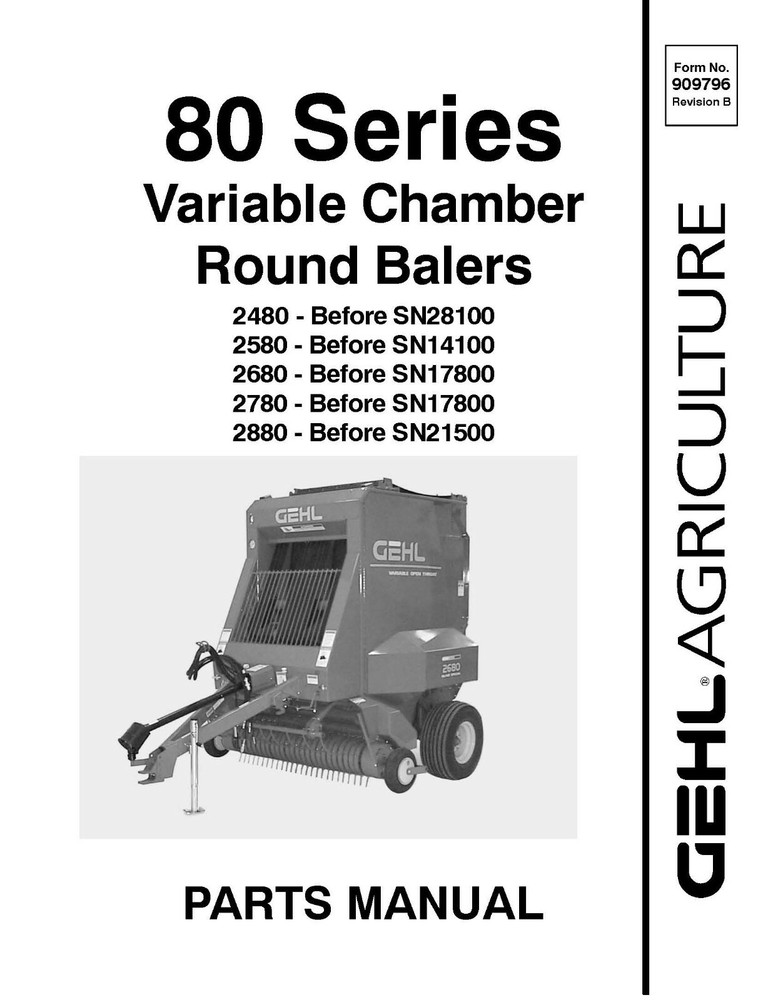 Variable Chamber Round Balers Service Parts Manual Gehl 2480 2580 26802 780 2880