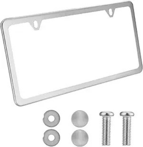Stainless Steel Slim License Plate Frame with Metal Screw Caps, 2 Hole Polished