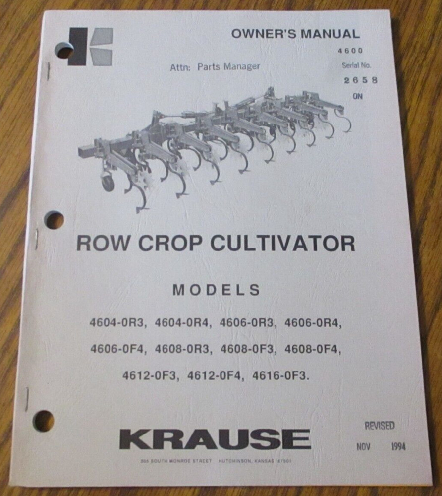 *Krause 4600 Series Row Crop Cultivator Parts & Assembly Manual 1994 s/n 2658-