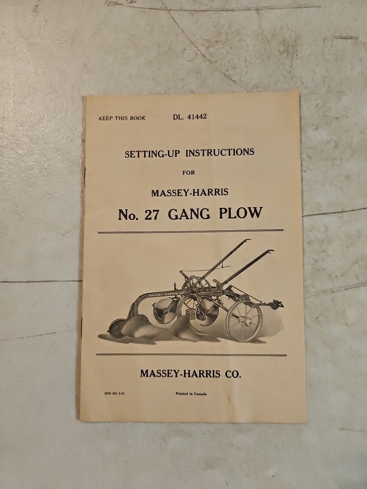 Original 1941 Massey Harris 27 Gang Plow Setting Up Instructions Manual