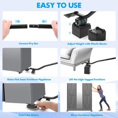 Furniture Lifter Tool + 8-Pack of 3.5″ 24 IN & 8 Sliders, Black