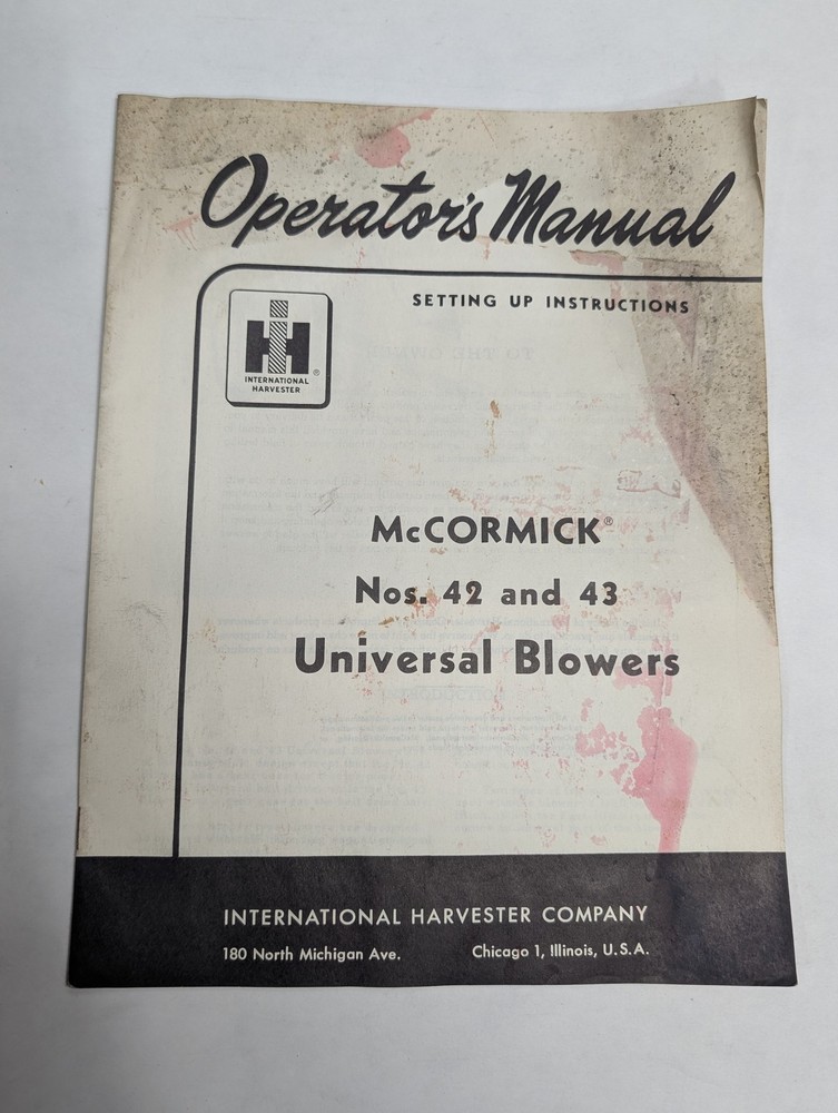INTERNATIONAL OWNERS MANUAL SETUP INSTRUCTION MCCORMICK 42 43 UNIVERSAL BLOWER