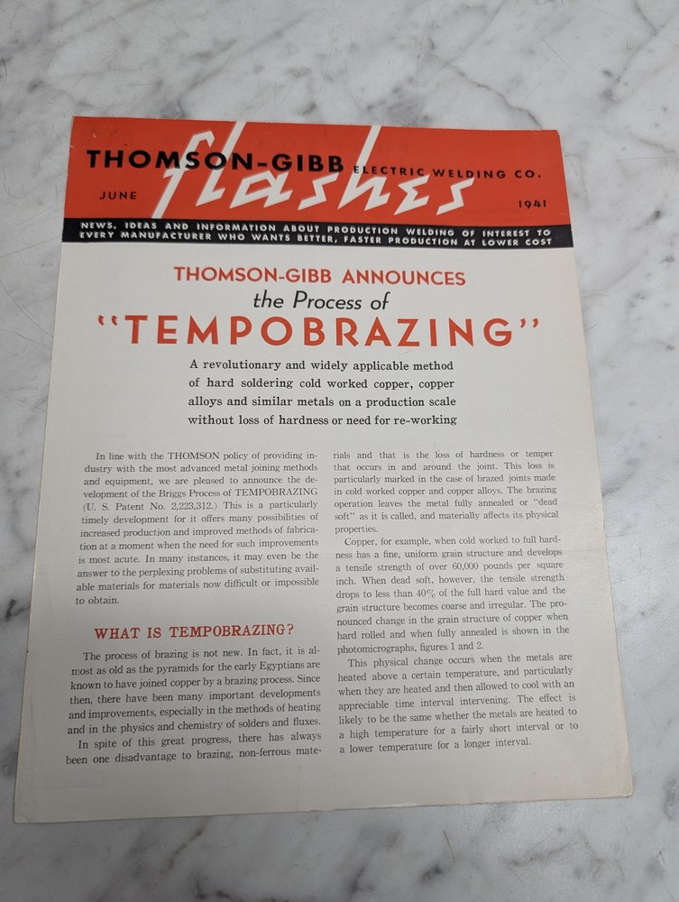 THOMSON GIBB ELECTRIC WELDING FLASHERS JUNE 1941 TEMPOBRAZING SALES BROCHURE