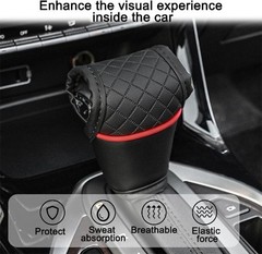 Leather Gear Shift Knob Cover, Anti-Slip Protector and Decora Color: Black+Red