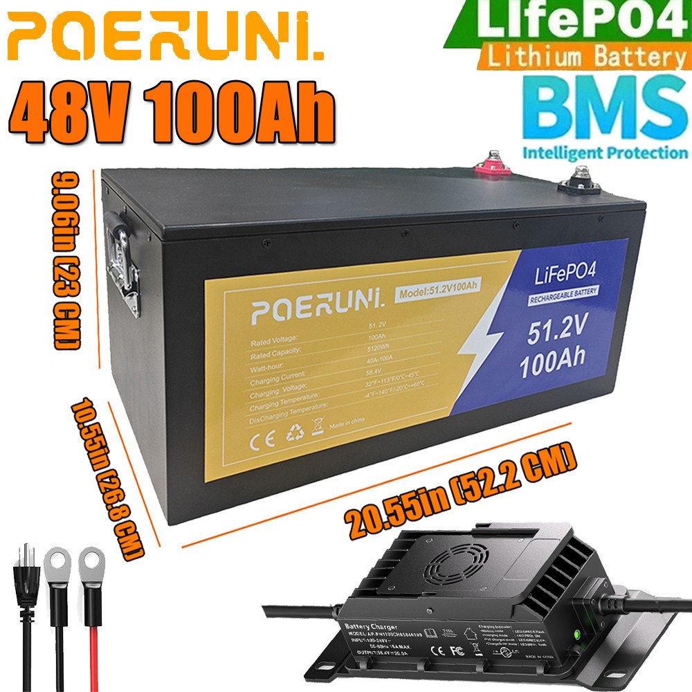 48V 100Ah Lithium LiFePO4 Battery Built-in BMS Deep Cycle whit 58.4V 20A Charger