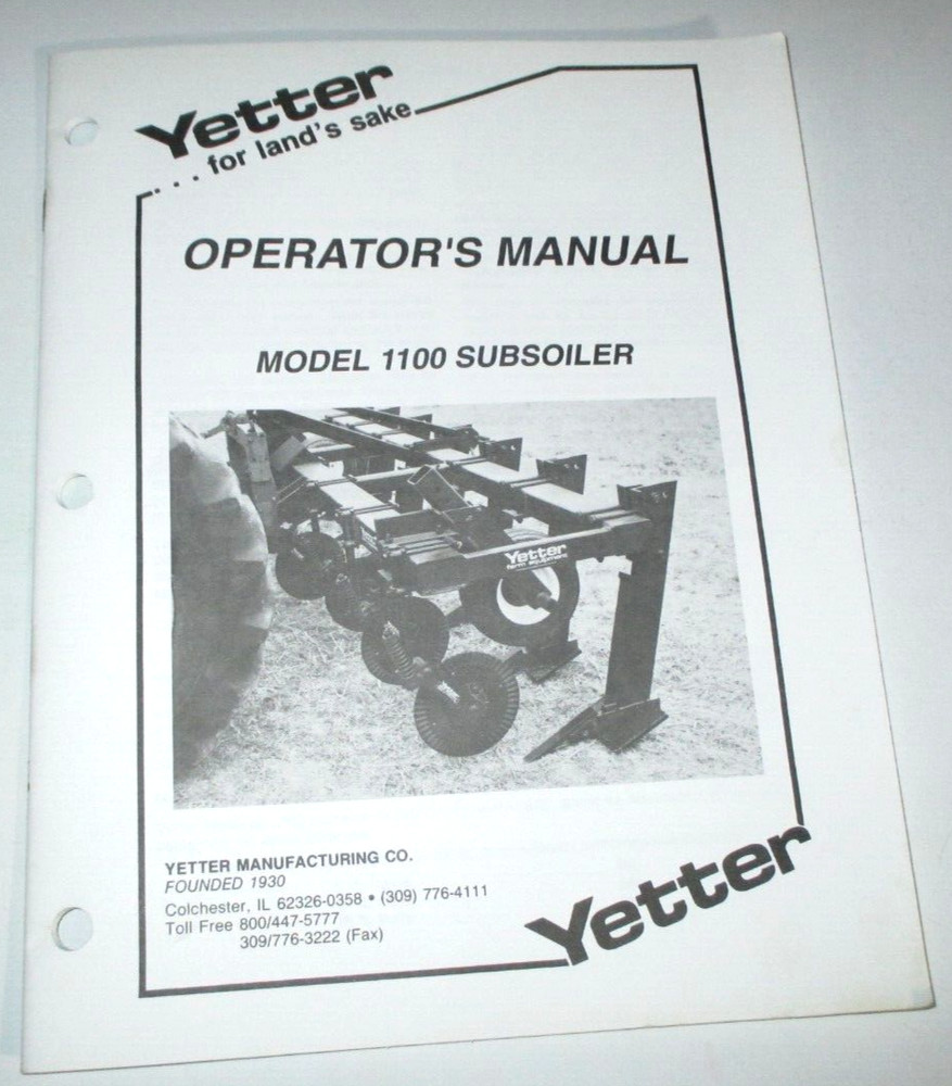 Yetter 1100 Subsoiler Operators & Parts Manual Catalog 11/94 Original!