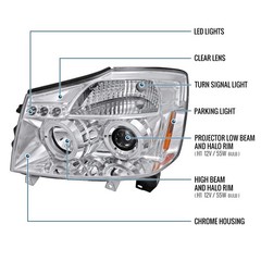2004-2015 Nissan Armada Titan LED Dual Halo Projector Headlights Pair Chrome