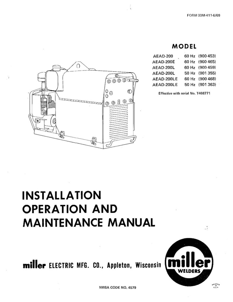Owner & Parts Manual Miller AEAD-200 200E 200L 200LE Welder R468771