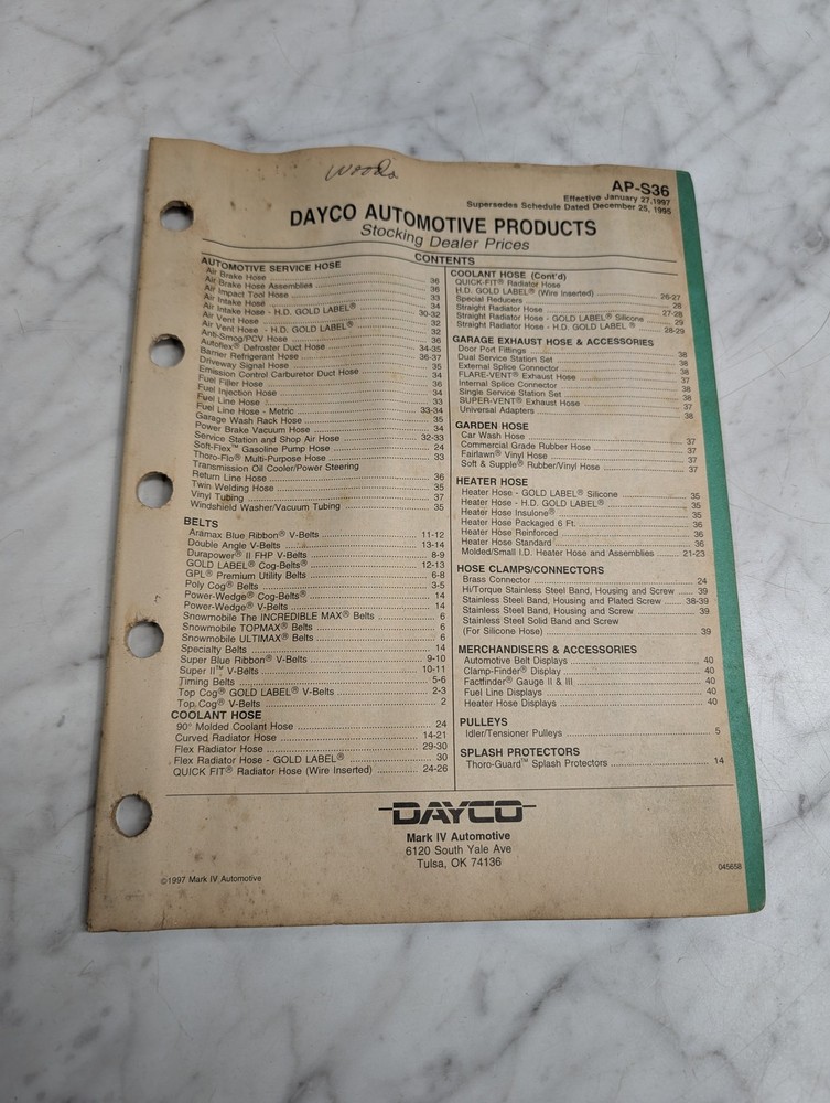 DAYCO AP-S36 AUTOMOTIVE PRODUCTS STOCKING DEALER PRICES EFFECTIVE JANUARY 27 199