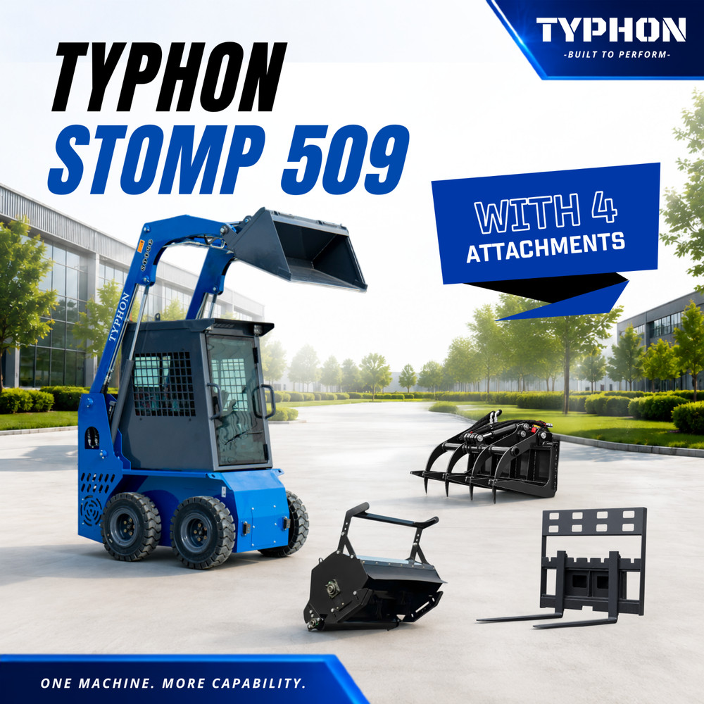 TYPHON STOMP 509 Wheeled Skid Steer Loader 25hp Kubota EPA Engine w 4 Attachment
