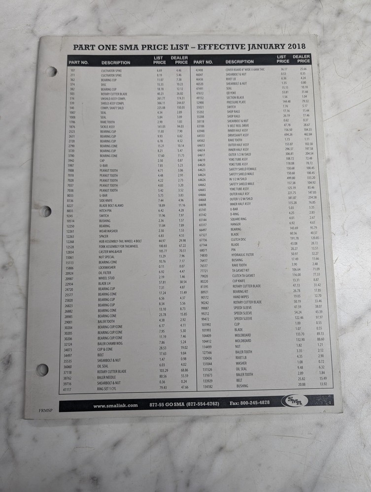 SMA PARTS PRICE LIST CATALOG DEALER SALES LITERATURE 2018 SMALINK ~~PART 1 OF 3