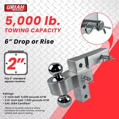 Uriah Products Adjustable Aluminum Hitch Mount with 2″ & 2.31″ Balls, Silver