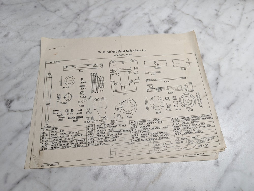 NICHOLS HAND MILLER PARTS LIST PAGES DRAWINGS INFORMATION MACHINE TOOL