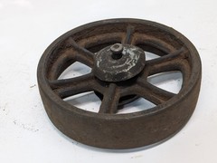 Lot of four antique cast-iron industrial pull cart caster wheels with 6 spokes