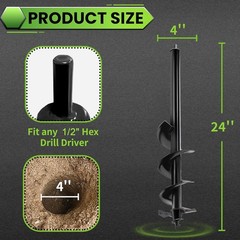 Auger Drill Bit 4″x24″ Heavy-Duty High-Strength Steel Post Hole Digger 1/2″ Hex