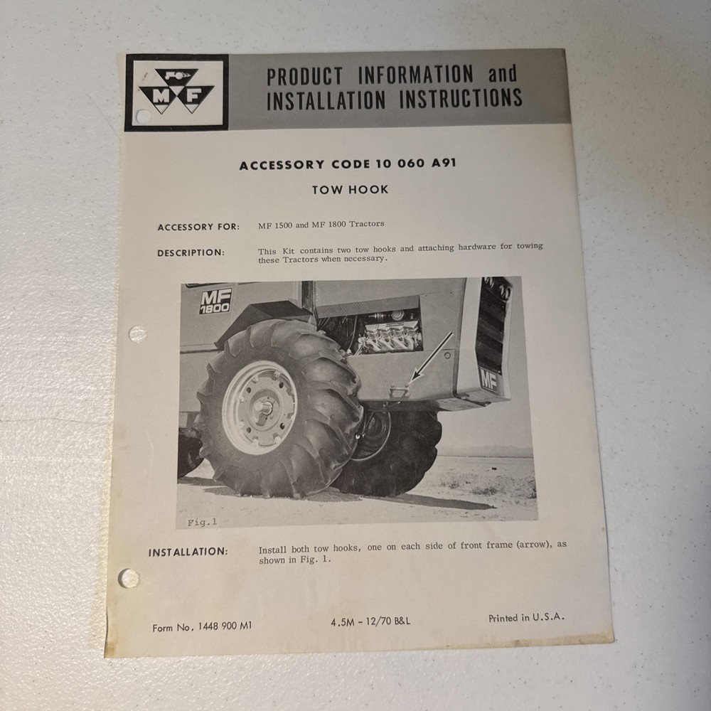1970 Massey Ferguson Tractor Tow Hook Accessory Codes Product Information