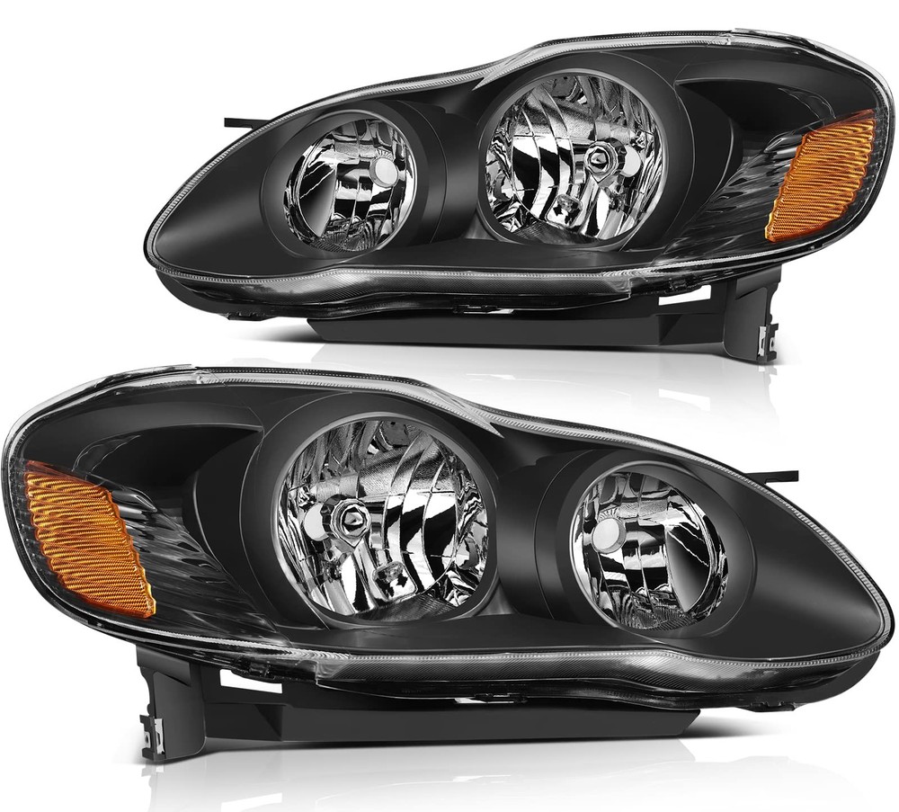Toyota Corolla 03-08 Headlight Assembly Black Housing Amber Reflector Clear Lens