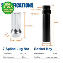 1/2-20 Closed End Spline Lug Nuts 2″ Tall 60° Conical Chrome 20pc + Key Set
