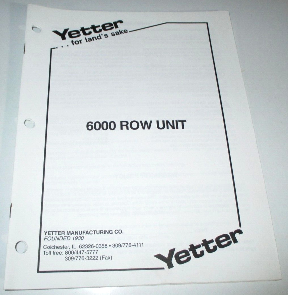 Yetter 6000 Row Unit Operators & Parts Manual Catalog 10/96 OEM