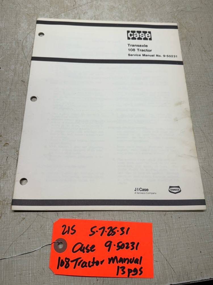 J I Case Models 108 Lawn Tractor Transaxle Service Manual 9-50231
