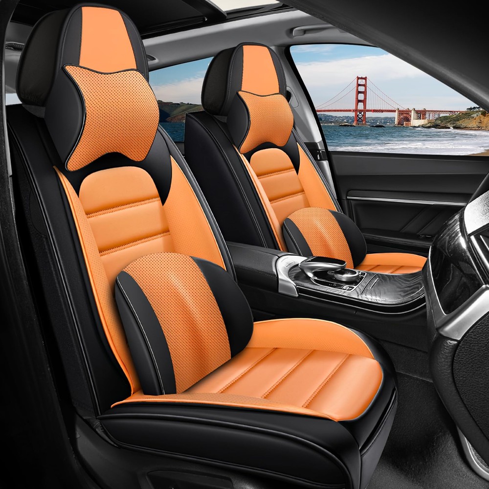 2 Waterproof Leather Seat Covers for TLX 2015-2025 Black&Orange Front Deluxe