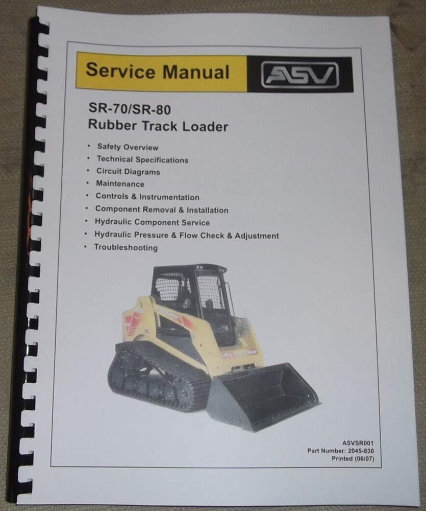 ASV SR-70 SR-80 COMPACT TRACK LOADER SKID STEER SERVICE SHOP REPAIR MANUAL BOOK