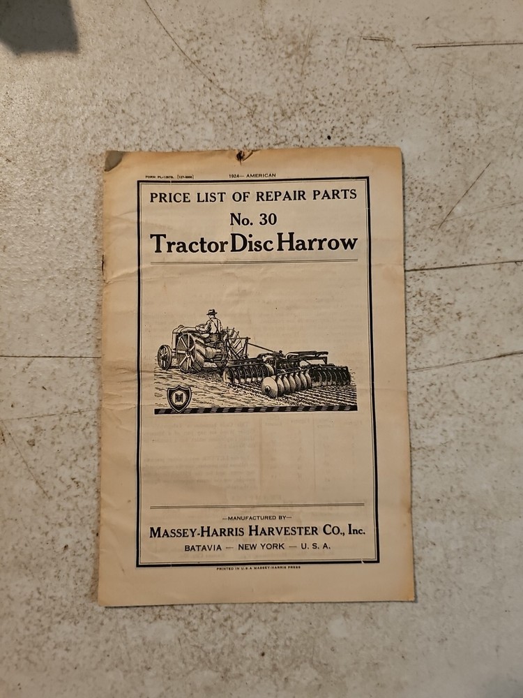 Vtg 1924 Massey-Harris 30 TRACTOR DISC HARROW Price List Of Repair Parts