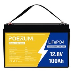 POERUNI 12V 100Ah LiFePO4 Lithium Battery 8000+ Deep Cycle for Solar RV Marine