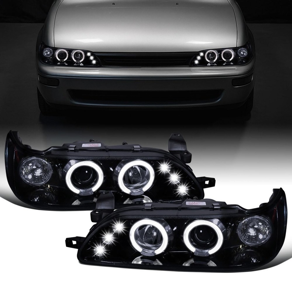 1993-1997 Toyota Corolla LED Dual Rims Projector Headlights Black Smoke Pair