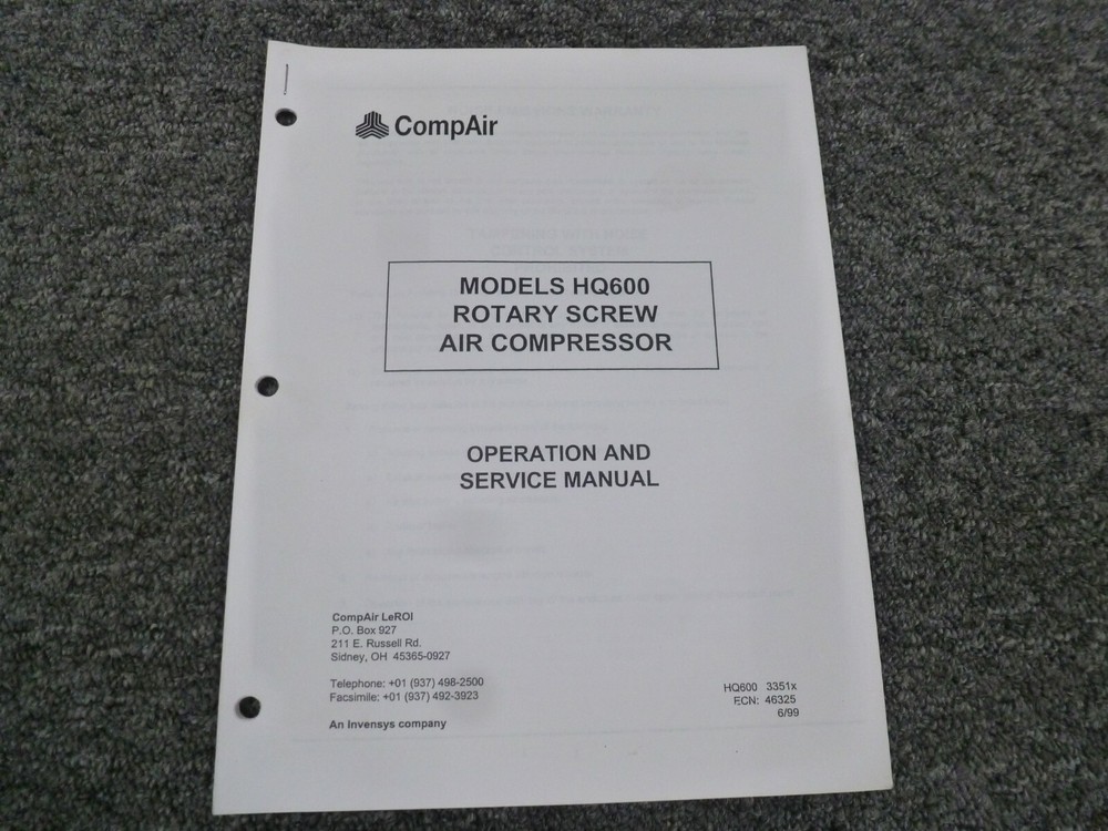 CompAir HQ600 Rotary Screw Air Compressor Owner Operator & Service Repair Manual