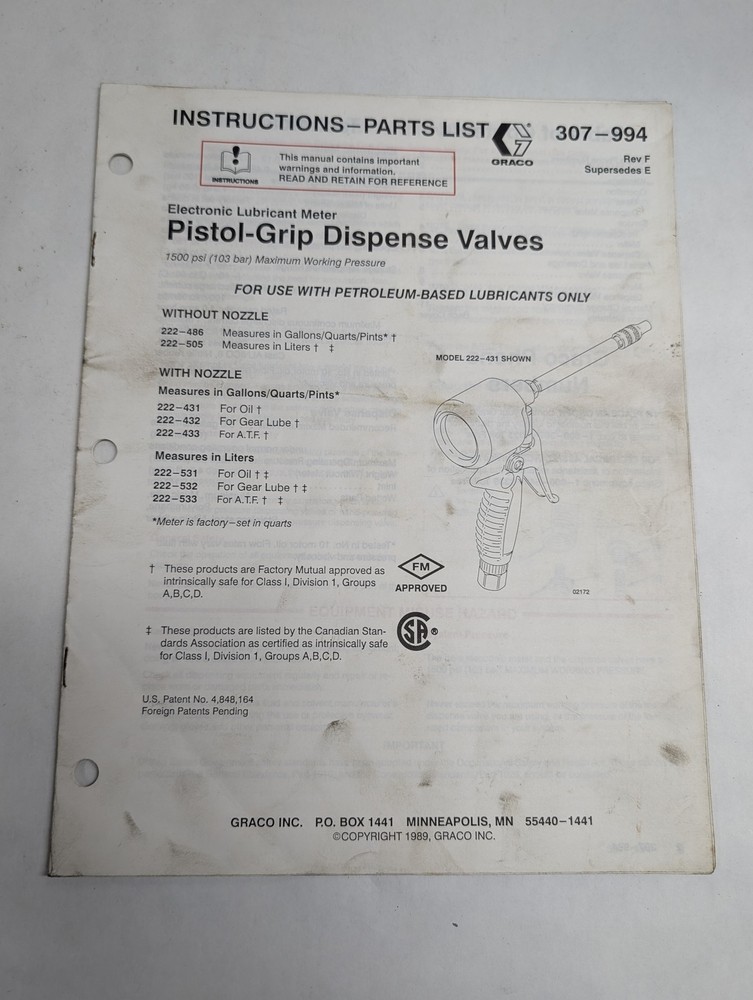 GRACY PISTOL GRIP DISPENSE ELECTRONIC LUBRICANT METER 307-994 PARTS LIST MANUAL